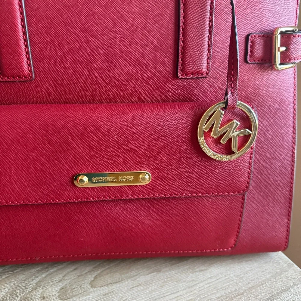 Michael Kors Georgia Red‎ Leather Large Zipper Front Snap Satchel Tote Bag EUC